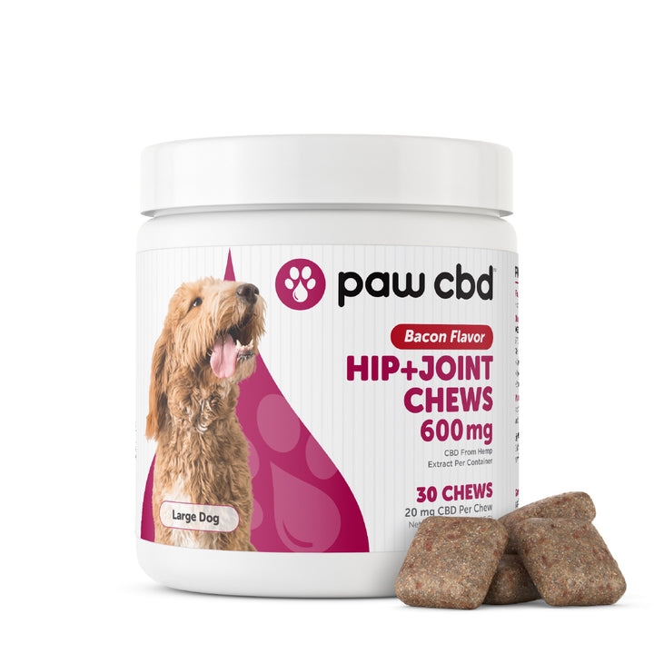 'Paw CBD Hip+Joint Chews for large dogs, bacon flavor, 600 mg, 30 chews container.'